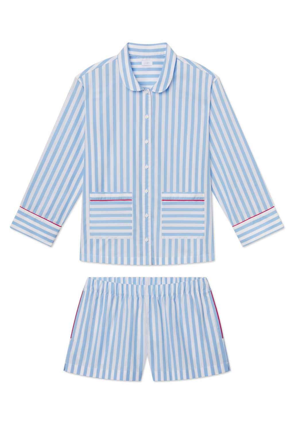 Poplin Piped Long-Short Set in Baltic Blue Beam Stripe