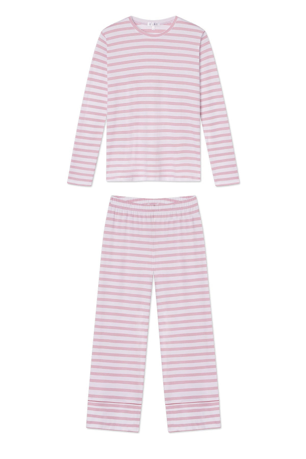 Pima Crew Long Sleeve Wide Leg Pajama Set in Light Camellia Triple Stripe