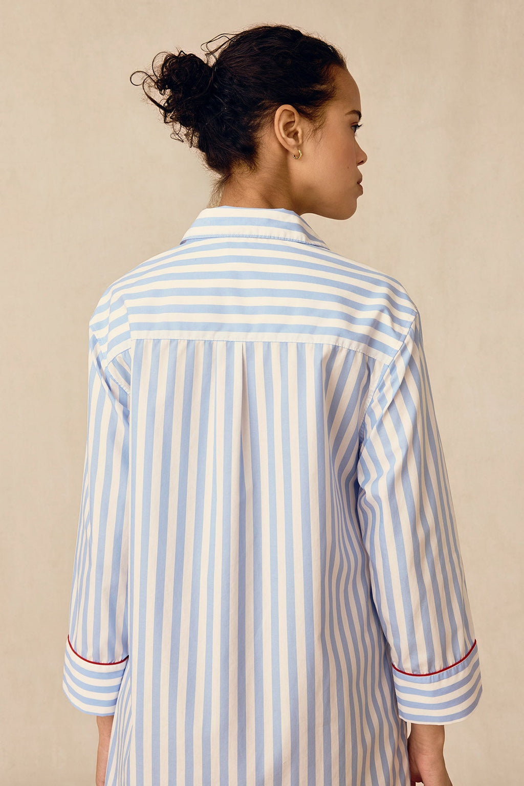Poplin Piped Nightgown in Baltic Blue Beam Stripe