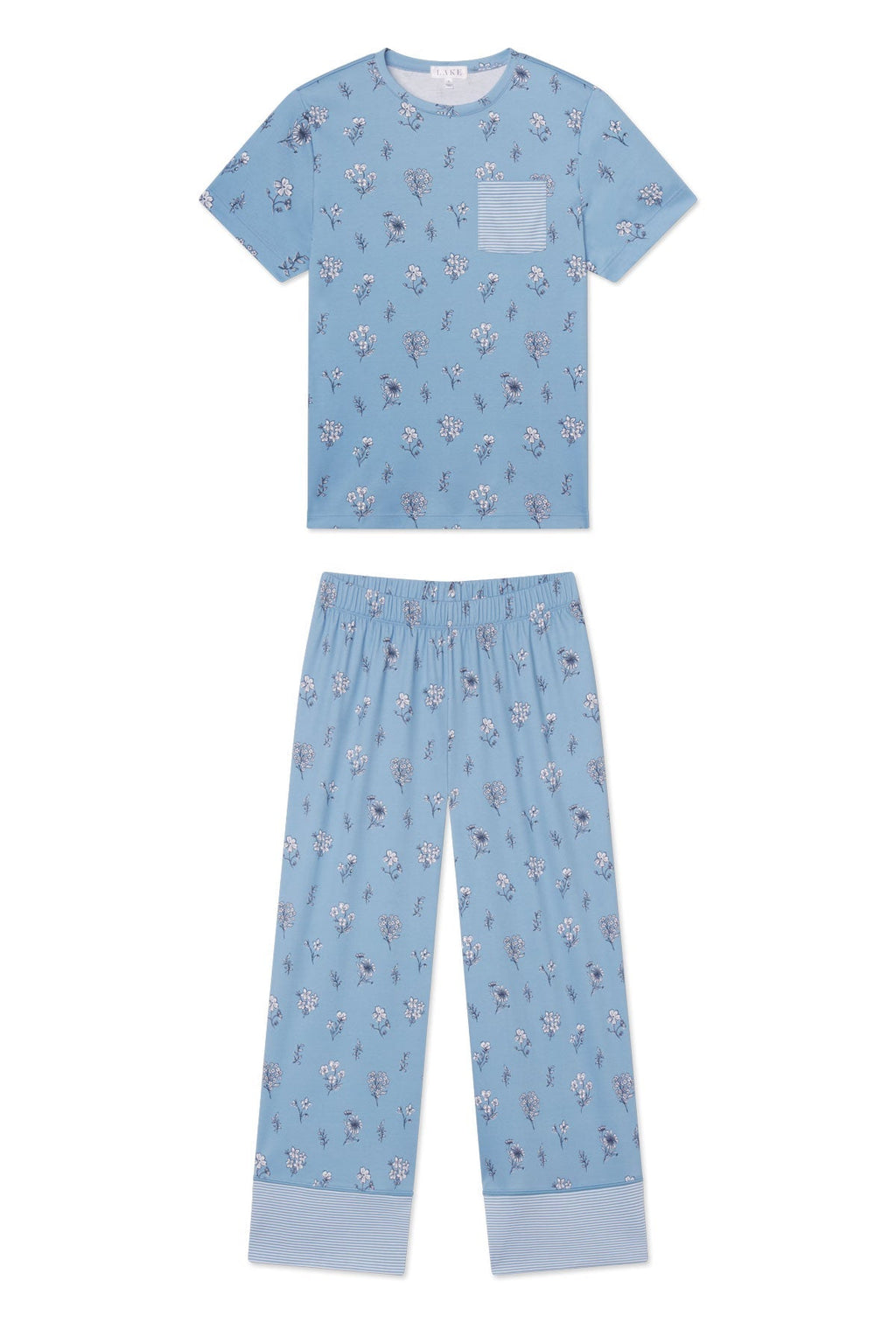 Pima Crew Wide Leg Pajama Set in Serene Blue Adeline Floral