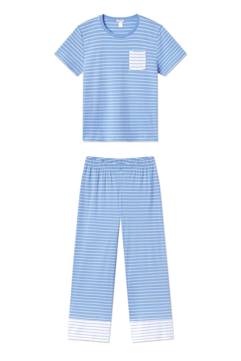 Pima Crew Wide Leg Pajama Set in Mixed Baltic Blue Stripe