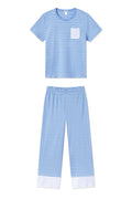 Pima Crew Wide Leg Pajama Set in Mixed Baltic Blue Stripe