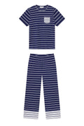 Pima Crew Wide Leg Pajama Set in Blue Depths Tidal Stripe